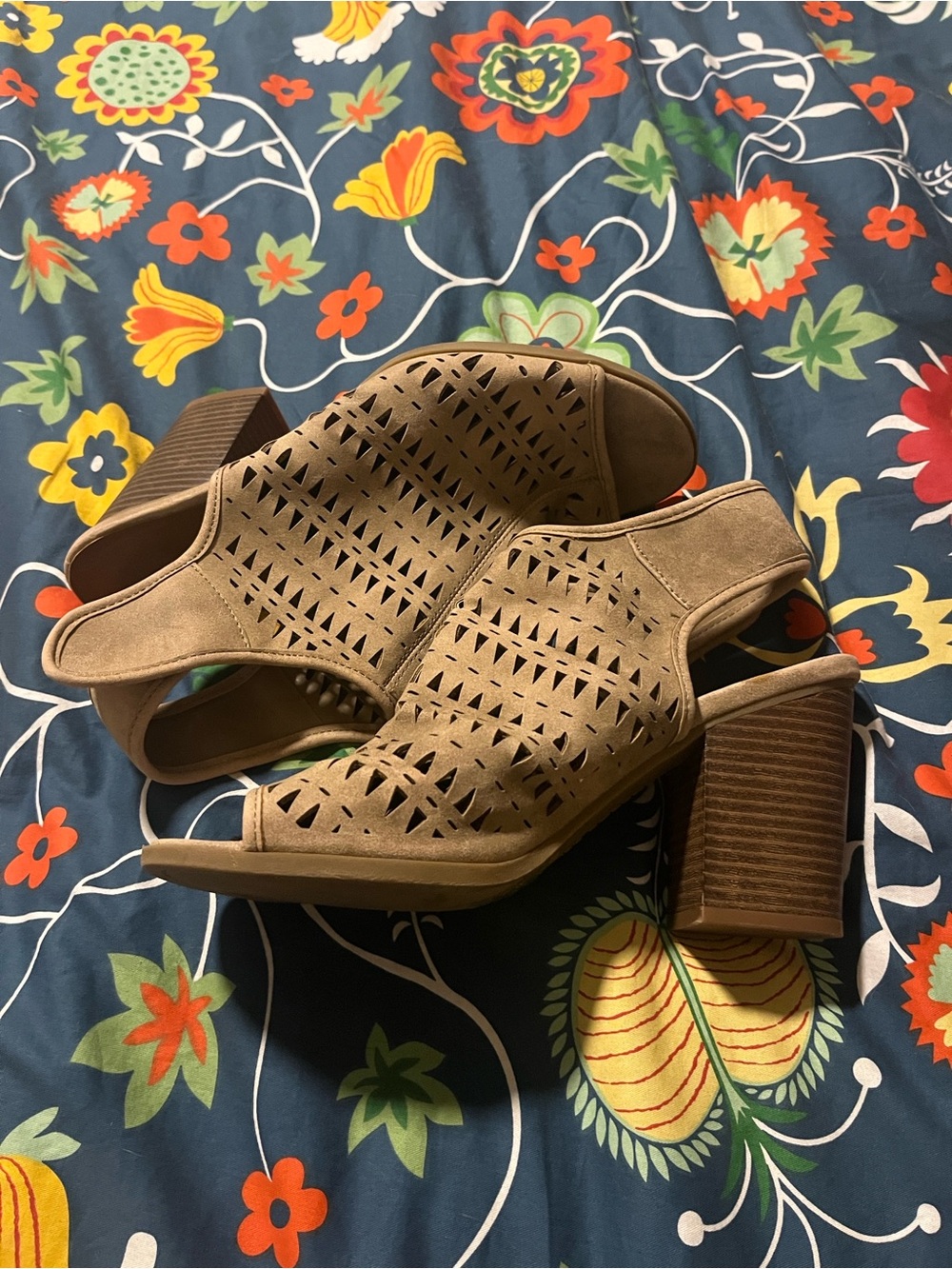 Indigo Taupe Suede Laser-Cut Block Heel Sandal